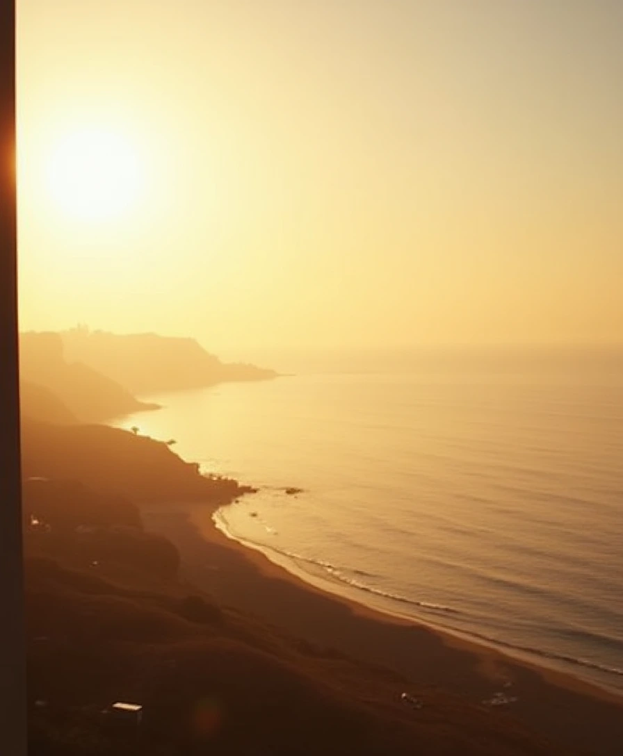 warm evening light over a calm sea, seen from a high window