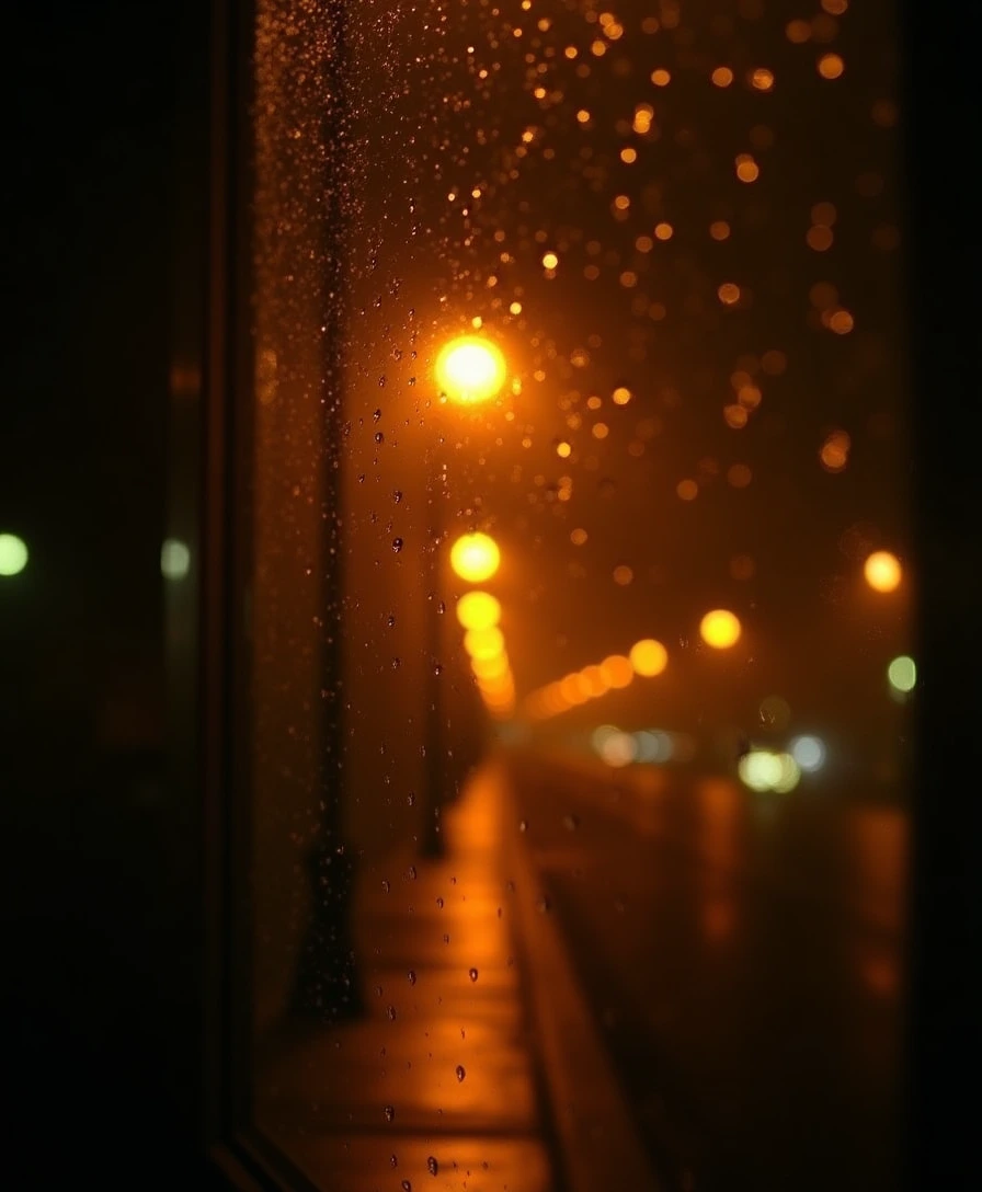 amber street lamps through a rain-covered window at night