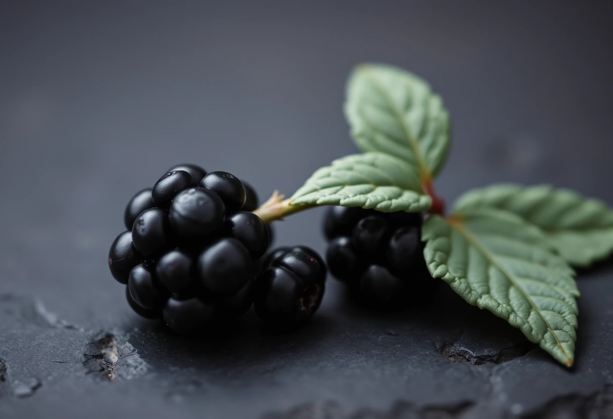 dark blackberries beside a sage leaf on slate
