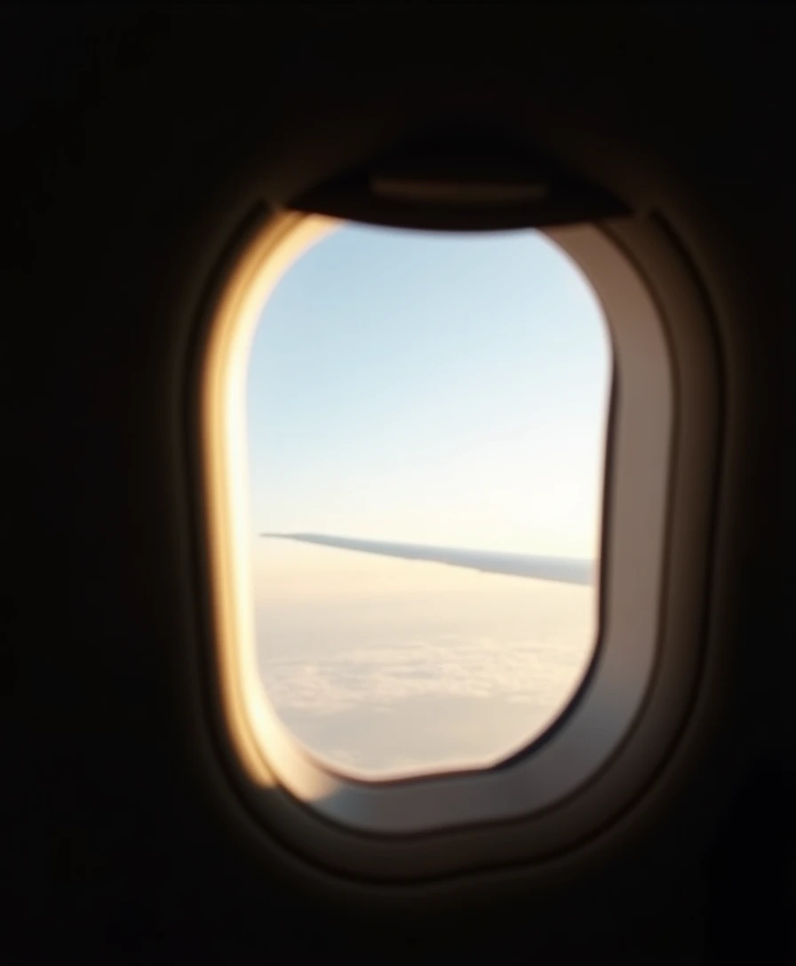 an airplane window with high-altitude light over clouds